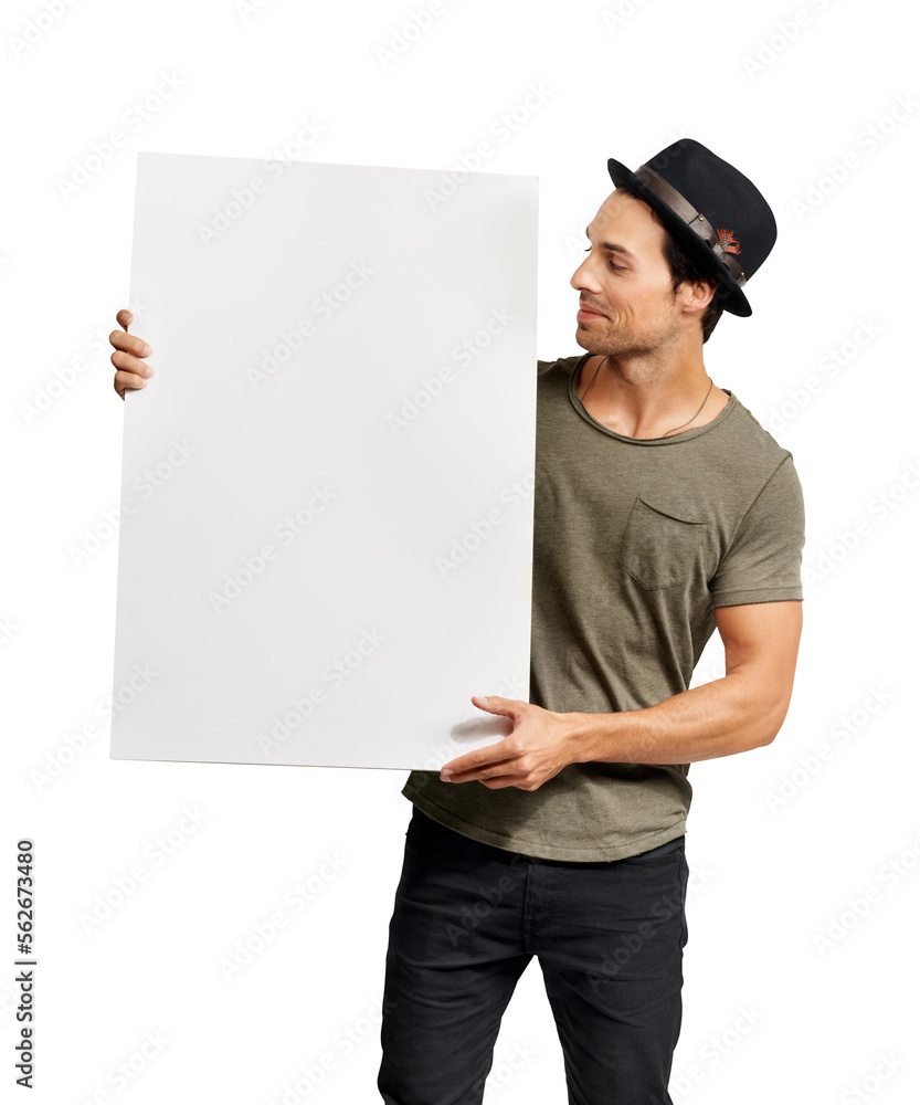 A handsome young man holding a placard Isolated on a PNG background.