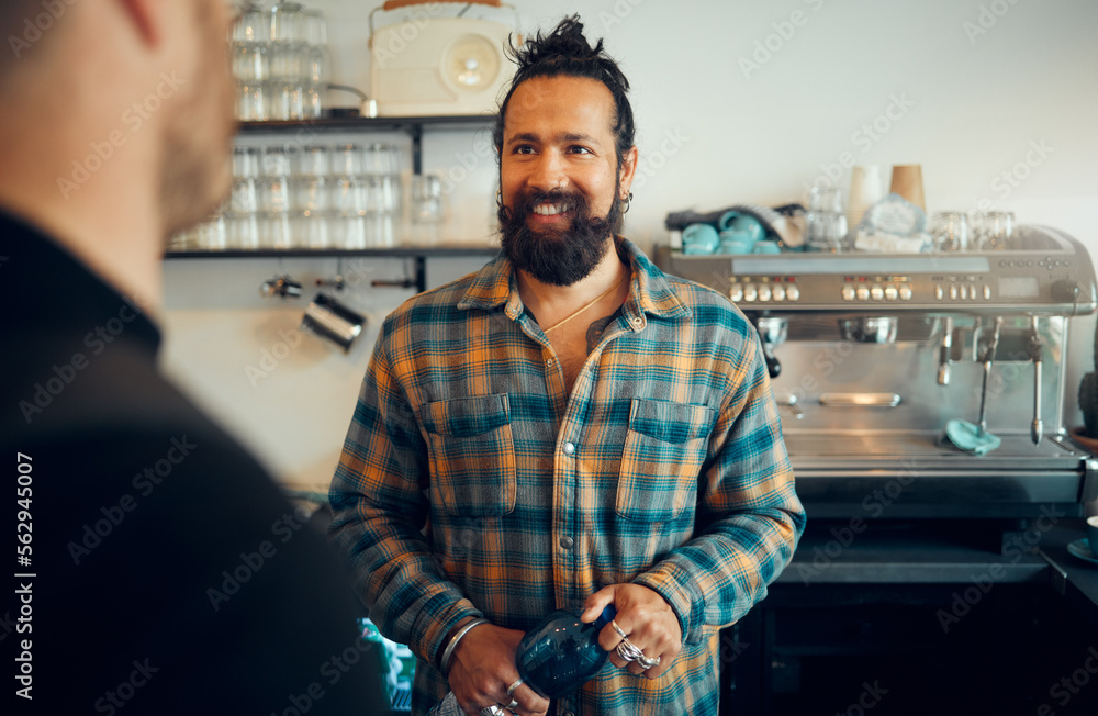 Man, barista helping customer and service in coffee shop, conversation and friendly entrepreneur. Gu