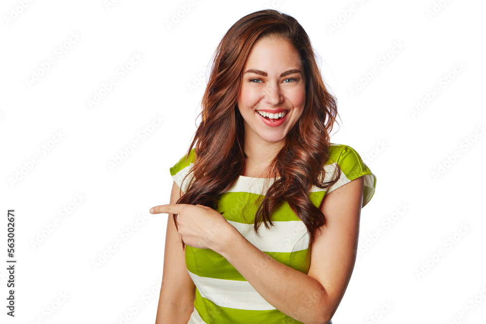 Woman, portrait or pointing finger at promotion mockup, marketing space or advertising mock up on wh