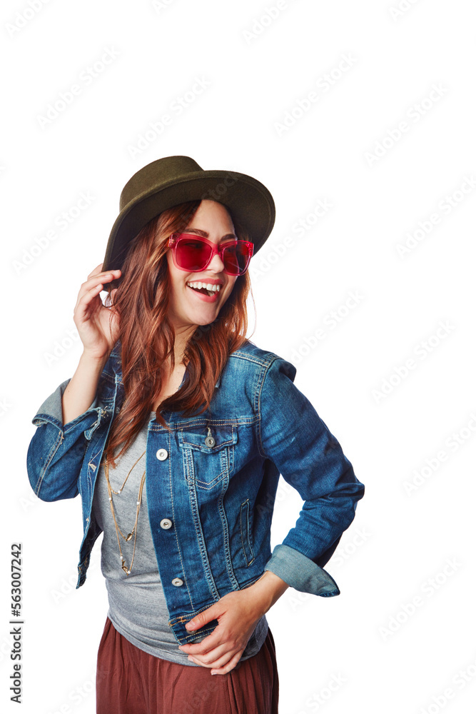 Trendy, style and happy model in a studio with a casual, stylish and funky outfit with accessories. 