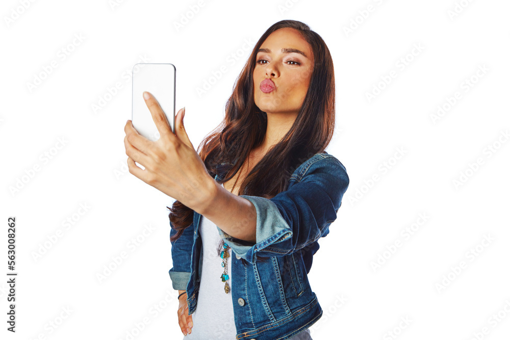 社交媒体上孤立的白色背景下的女性、时尚或亲吻手机自拍，个人资料图片