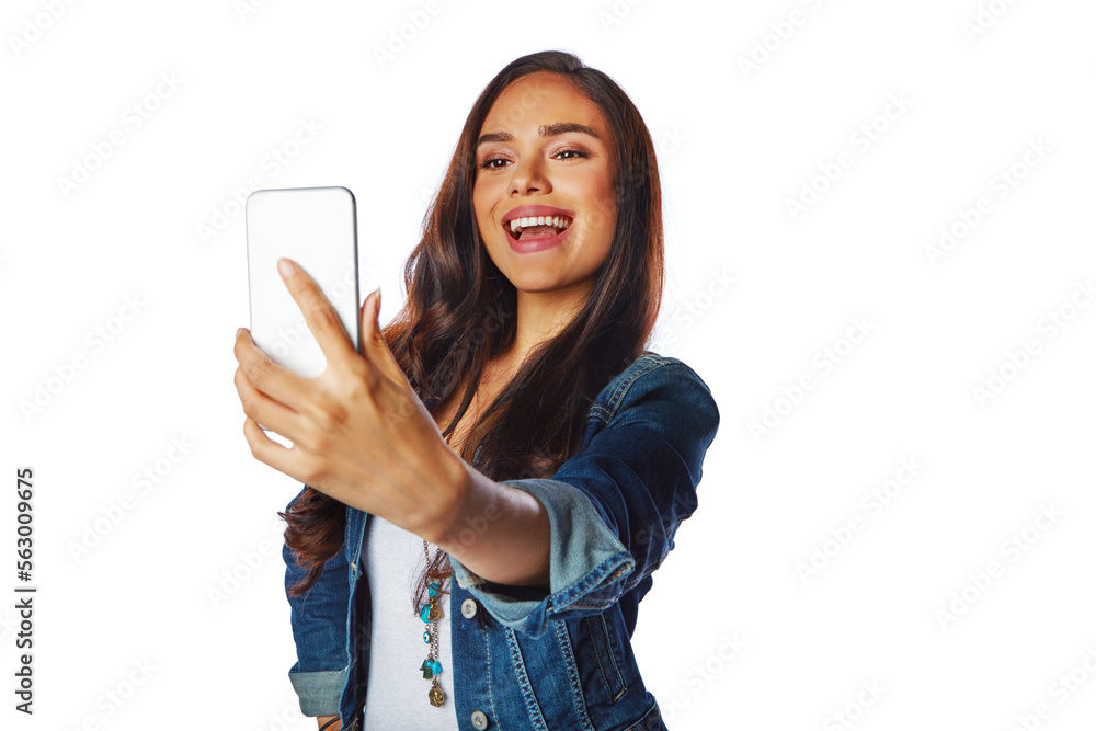 社交媒体孤立白色背景下的快乐女人、时尚和手机自拍，个人资料图片