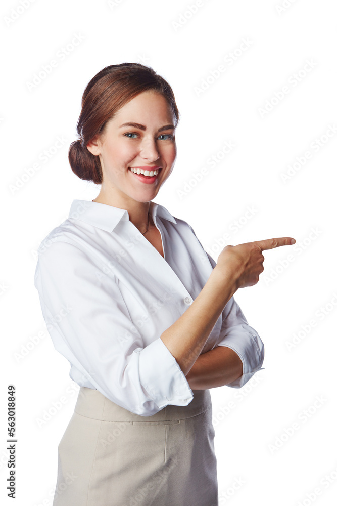 Portrait, pointing and happy woman with finger gesture isolated against a studio white background. E