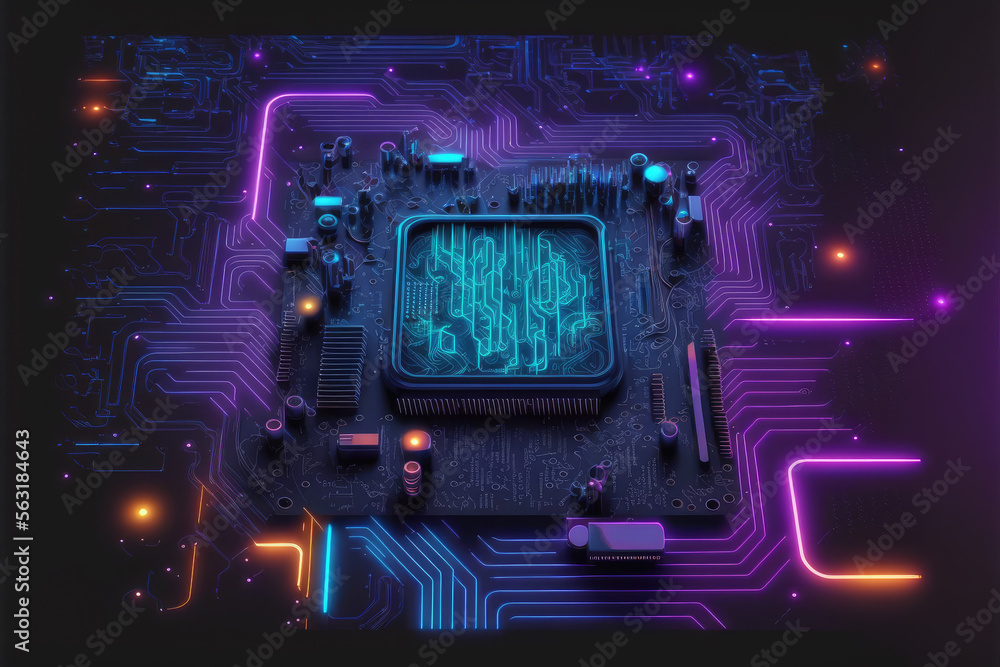 主板上的计算机微芯片半导体未来的网络霓虹灯。独特的人工智能发电机