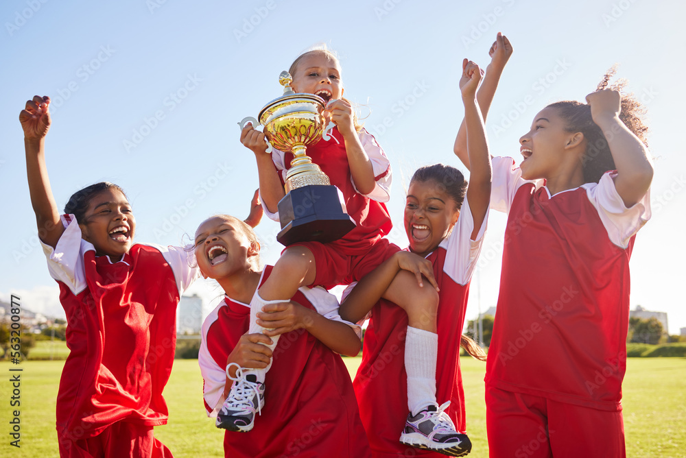 Soccer, team and trophy with children in celebration together as a girl winner group for a sports co