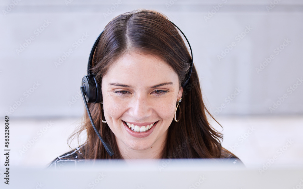 Woman, call center and smile with computer for customer service, advice and conversation while readi