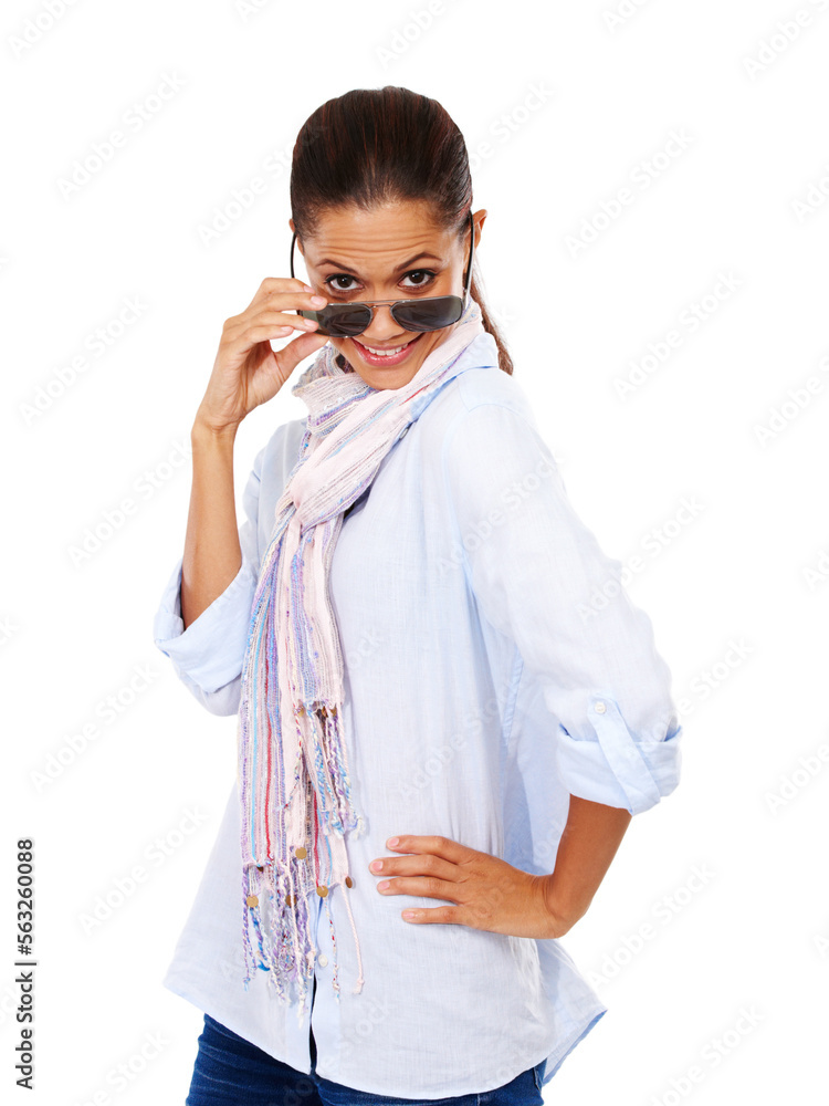 Portrait, peeking and black woman with sunglasses, girl and casual outfit with person isolated on wh