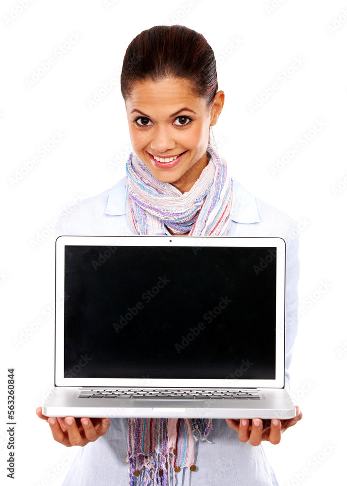 Happy woman, portrait and laptop mockup on isolated white background for website branding, advertisi