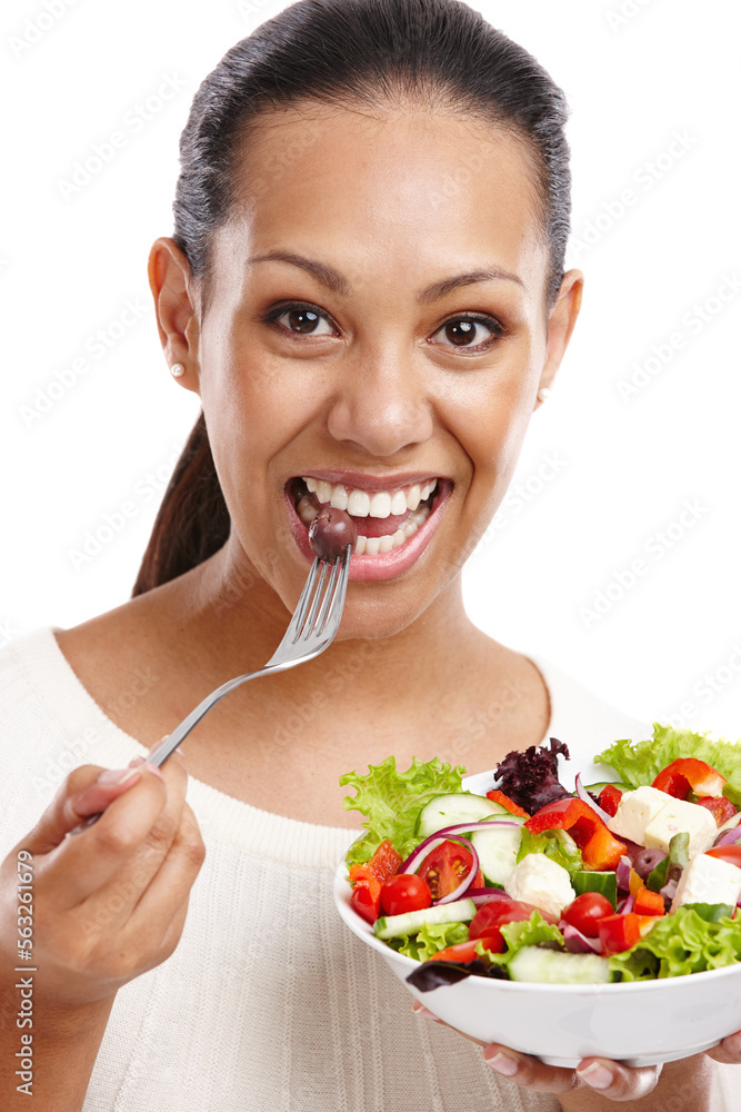 Woman, face and eating salad with healthy food, diet and nutrition, detox and wellness isolated on w