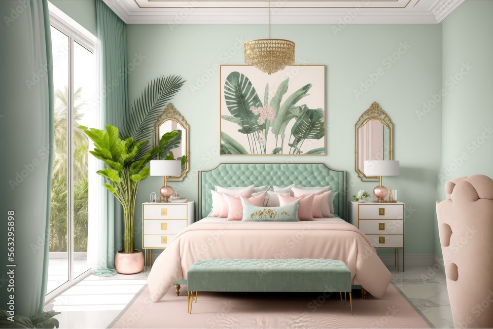 米色优雅的卧室室内设计。独特的人工智能生成图像。