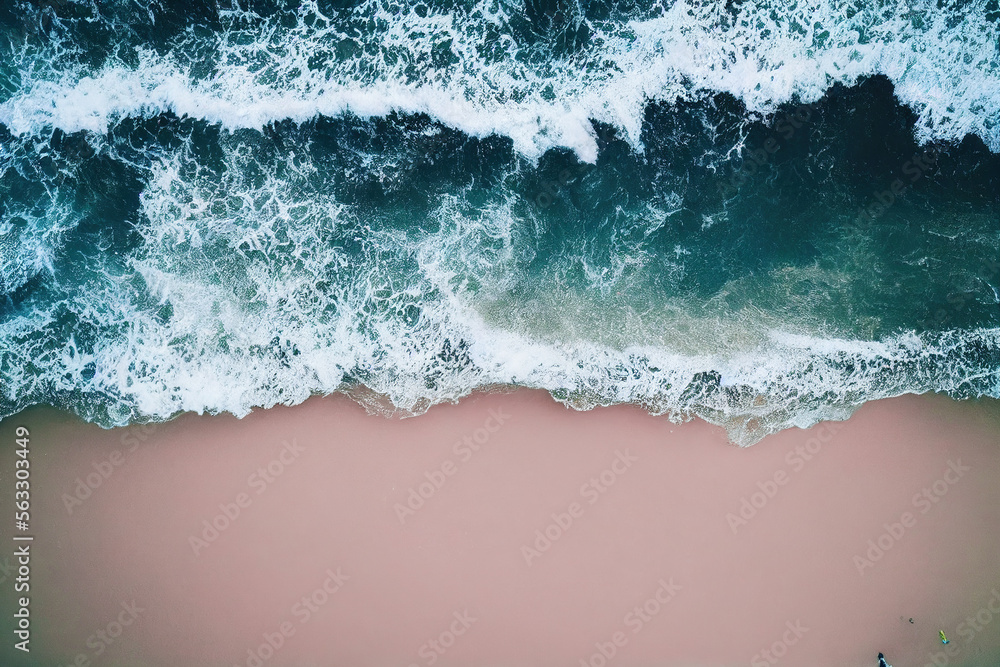 无人机拍摄的美丽粉红色海滩的壮观俯视图，阳光明媚，海水波涛汹涌