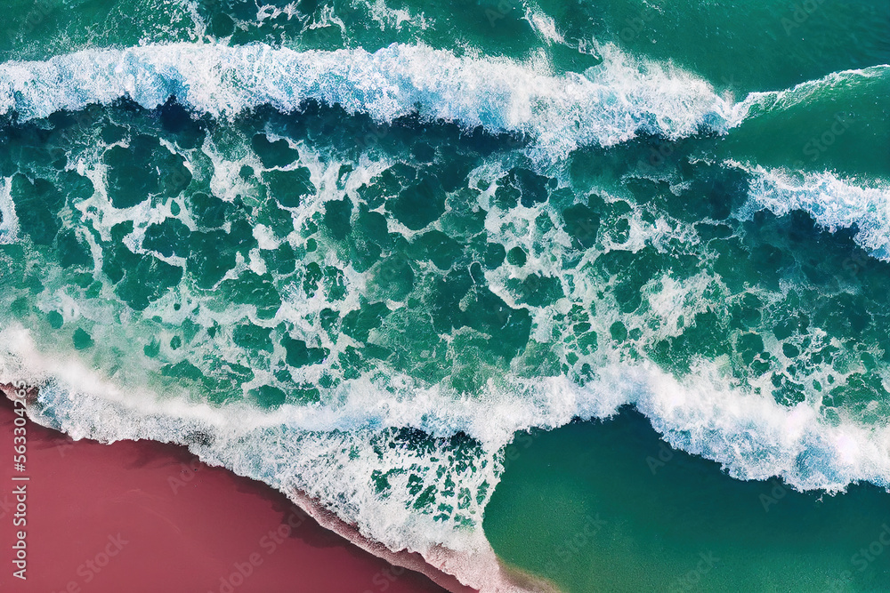 无人机拍摄的美丽粉红色海滩的壮观俯视图，阳光明媚，海水波涛汹涌