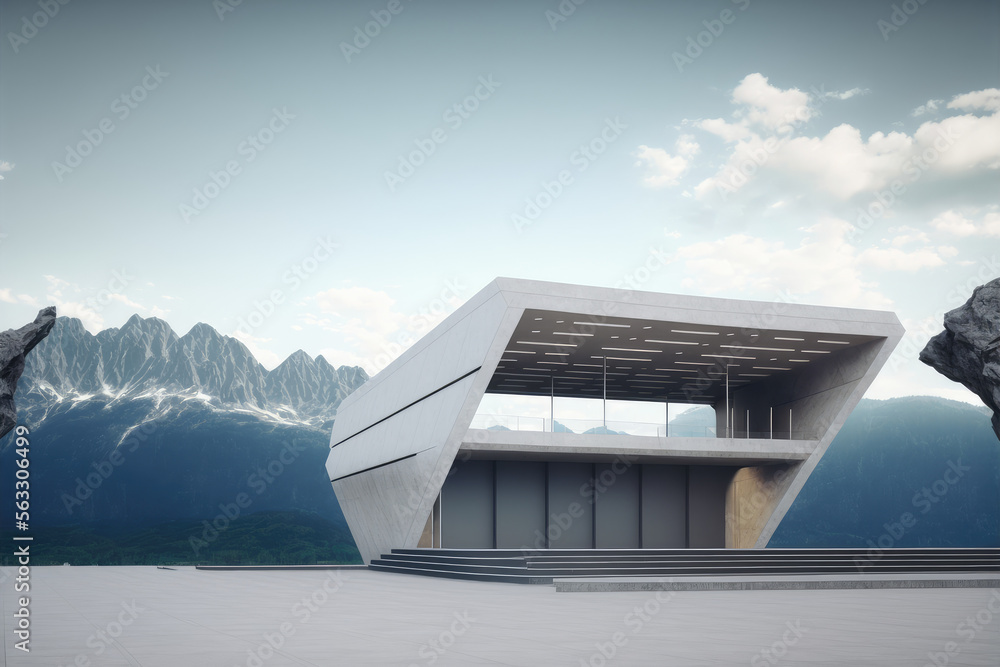 户外空旷的高山上的现代大厅入口立面的未来主义建筑