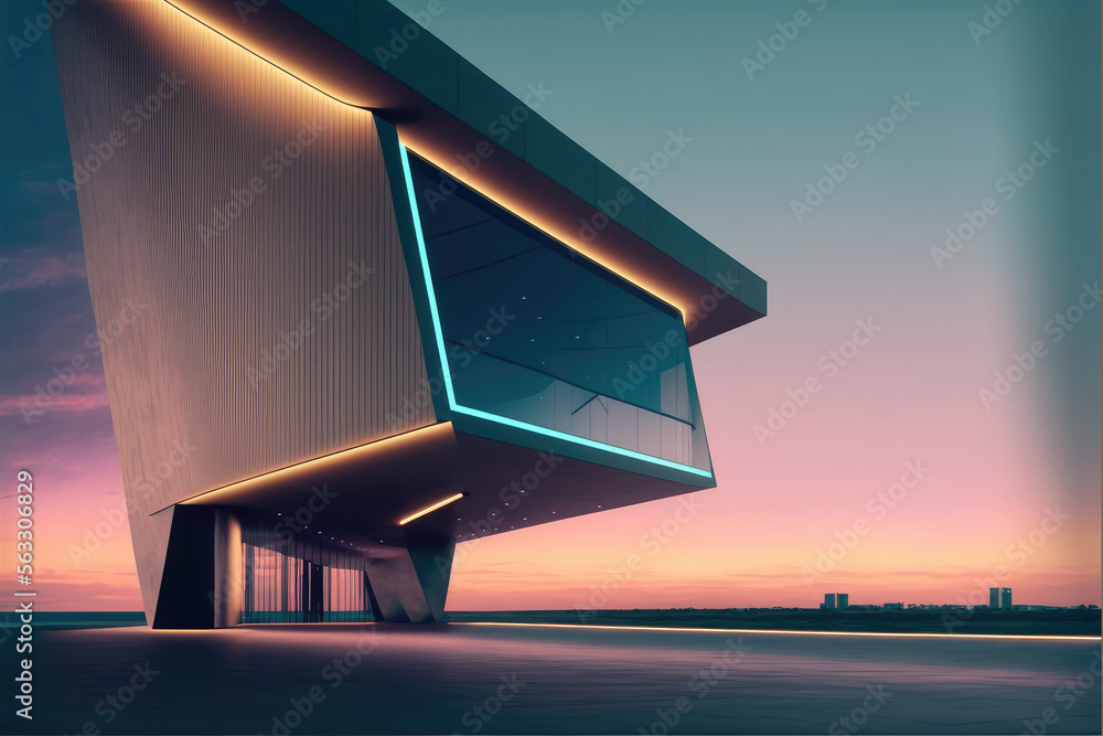 现代建筑外部走廊上空阳台层的日落景观。独特的AI生成i