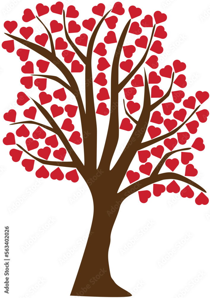 白色背景下的孤立树，树枝上挂着许多红色的心形，就像盛开的f