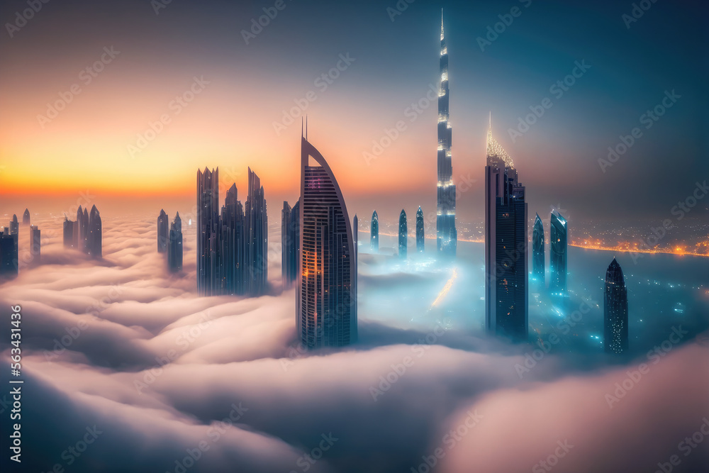 清晨日出时，摩天大楼的顶部高高耸立在云层之上。未来主义建筑o