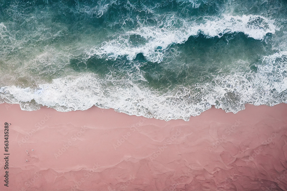 Spectacular top view from drone photo of beautiful pink beach with relaxing sunlight, sea water wave