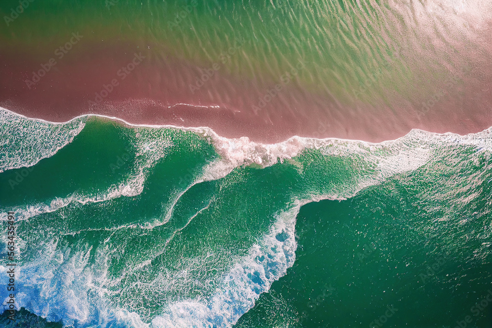无人机拍摄的美丽粉红色海滩的壮观俯视图，阳光明媚，海浪汹涌