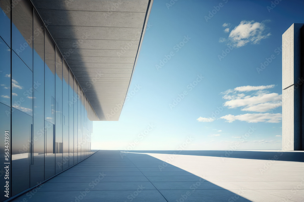 Modern architecture exterior of public hall entrance in urban building outdoor under bright sky with