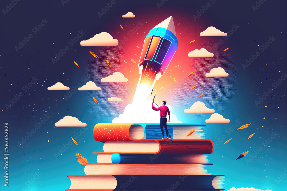 the rocket on books and a man design illustration, education concepts (ai generated)