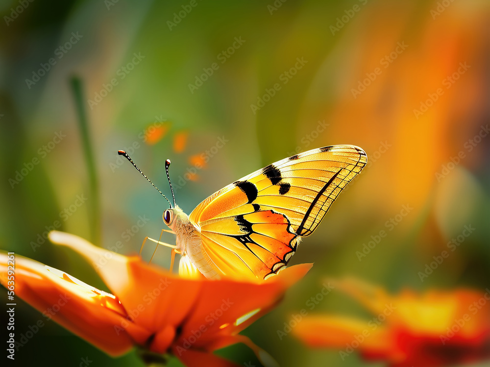 Beautiful cute yellow butterfly on orange flower in nature outdoors in spring summer on bright sunny