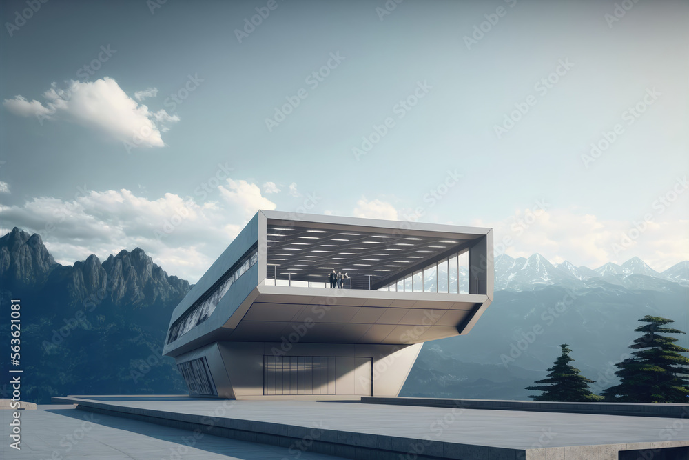 Futuristic architecture of modern hall entrance facade on high mountain top scenery with empty outdo