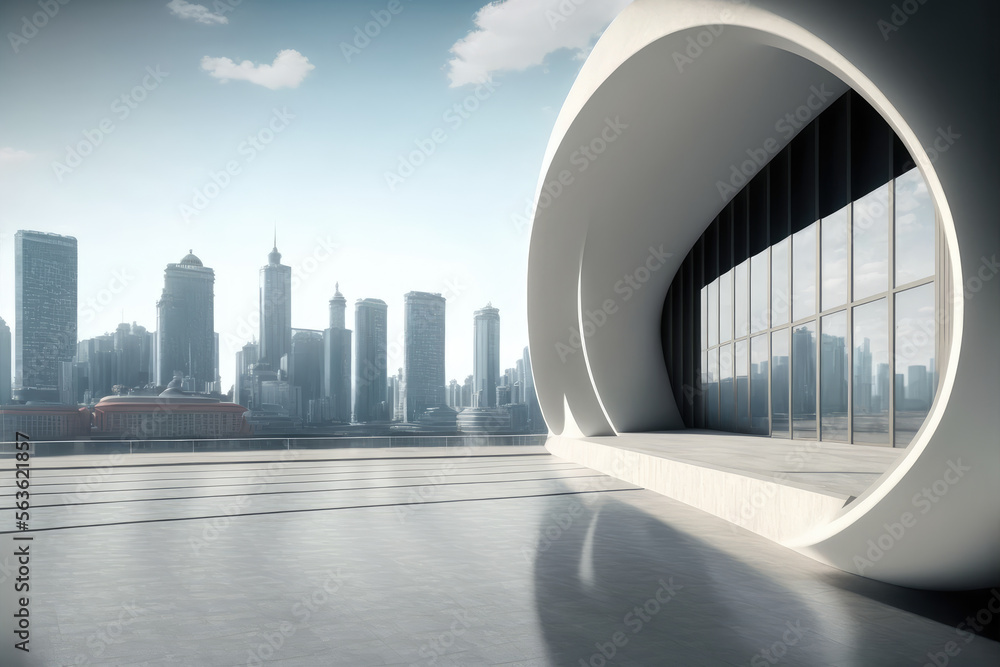 Modern architecture building design with empty concrete floor and urban city skyline in background s