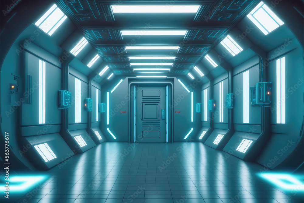 蓝色灯光装饰的太空船的空科幻未来主义房间。超现代的室内设计。