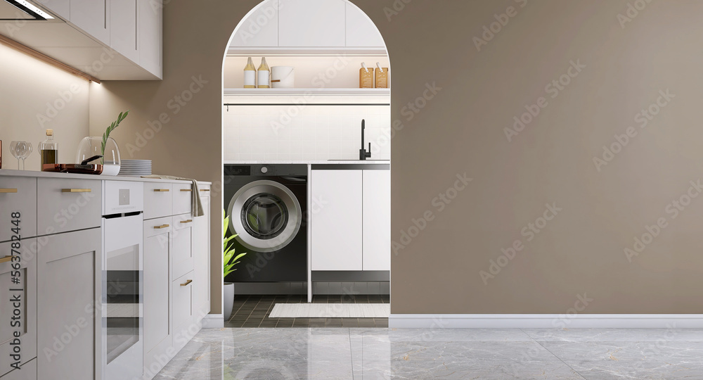 Blank beige brown wall with arch doorway to laundry room, modern design kitchen with counter, utilit