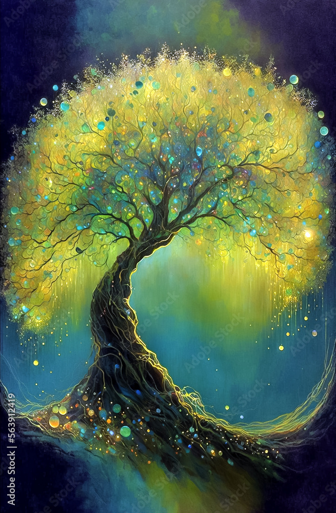 夜森林中的魔法树。抽象垂直绘画