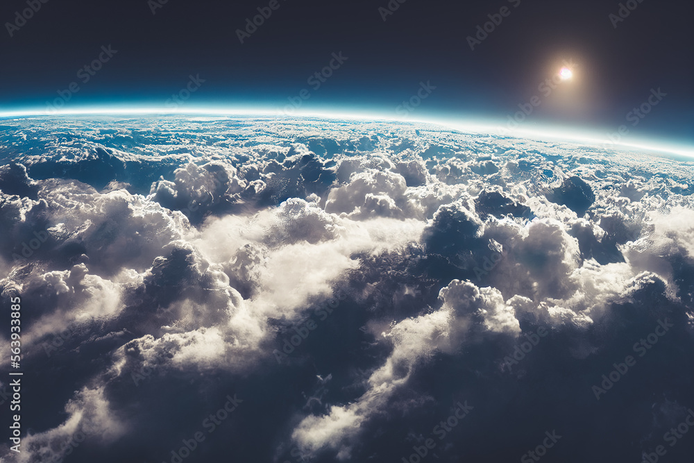 Splendid background cloudscape above the earths atmosphere in the stratosphere, with a galaxy and b