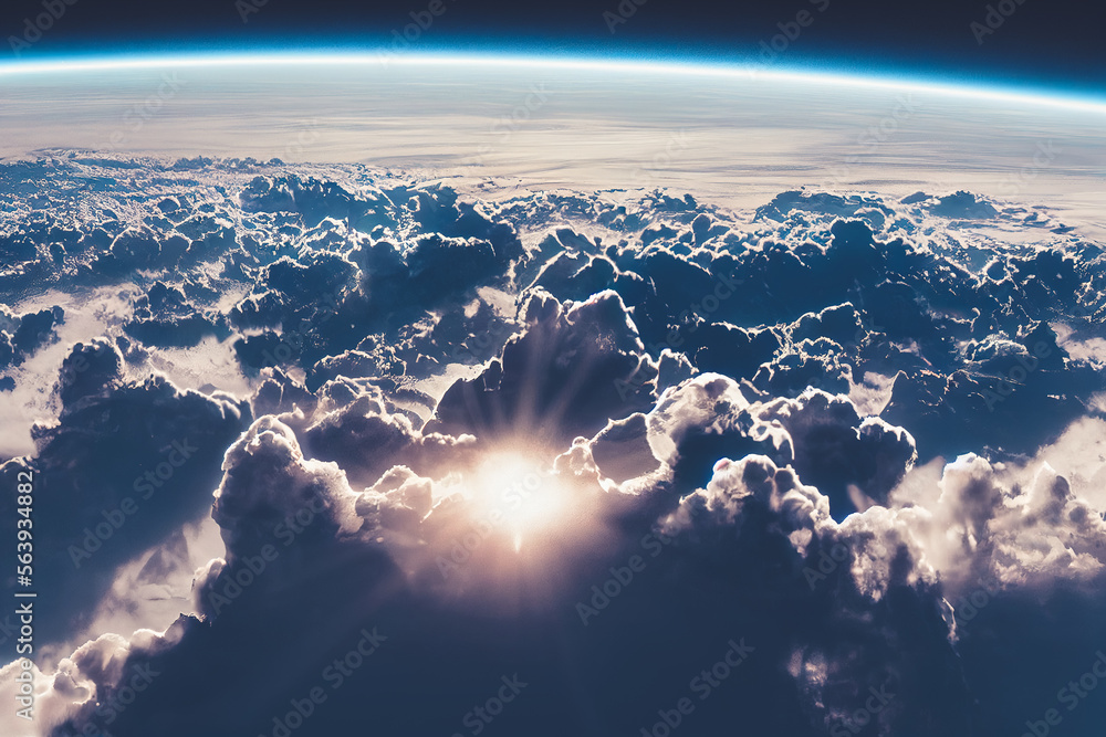 Splendid background cloudscape above the earths atmosphere in the stratosphere, with a galaxy and b