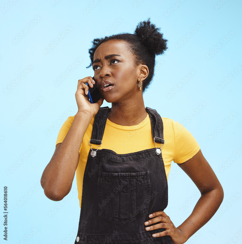 Phone call, confused and black woman on blue background with spam problem, network and connection. C