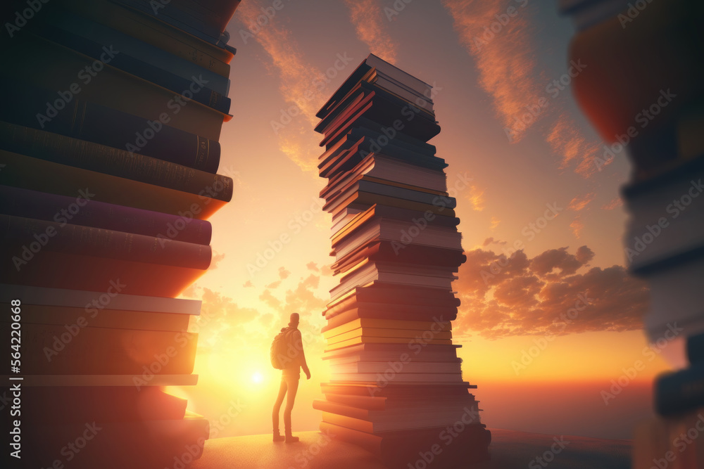 a man standing among many books against a sunset background, generative AI