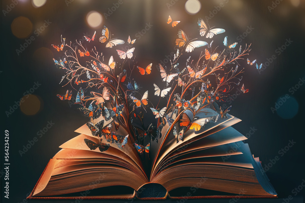 蝴蝶从一本打开的书中飞出来。生成人工智能。