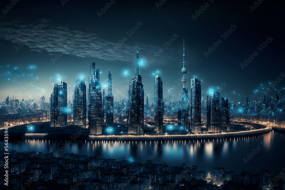 Night city Cyber punk landscape concept. Light glowing on dark scene. Night life. Technology network
