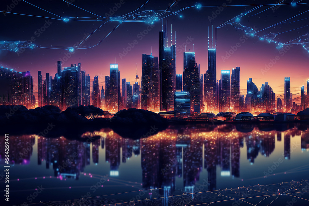 Night city Cyber punk landscape concept. Light glowing on dark scene. Night life. Technology network