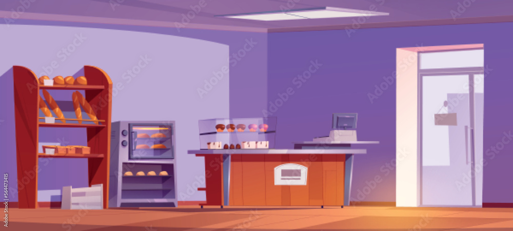 Empty bakery shop interior with furniture and pastry. Vector cartoon illustration of confectionery w