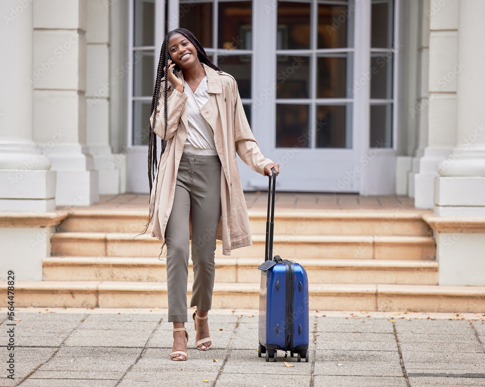 Travel, business phone call and black woman with suitcase in city for conference, global meeting or 