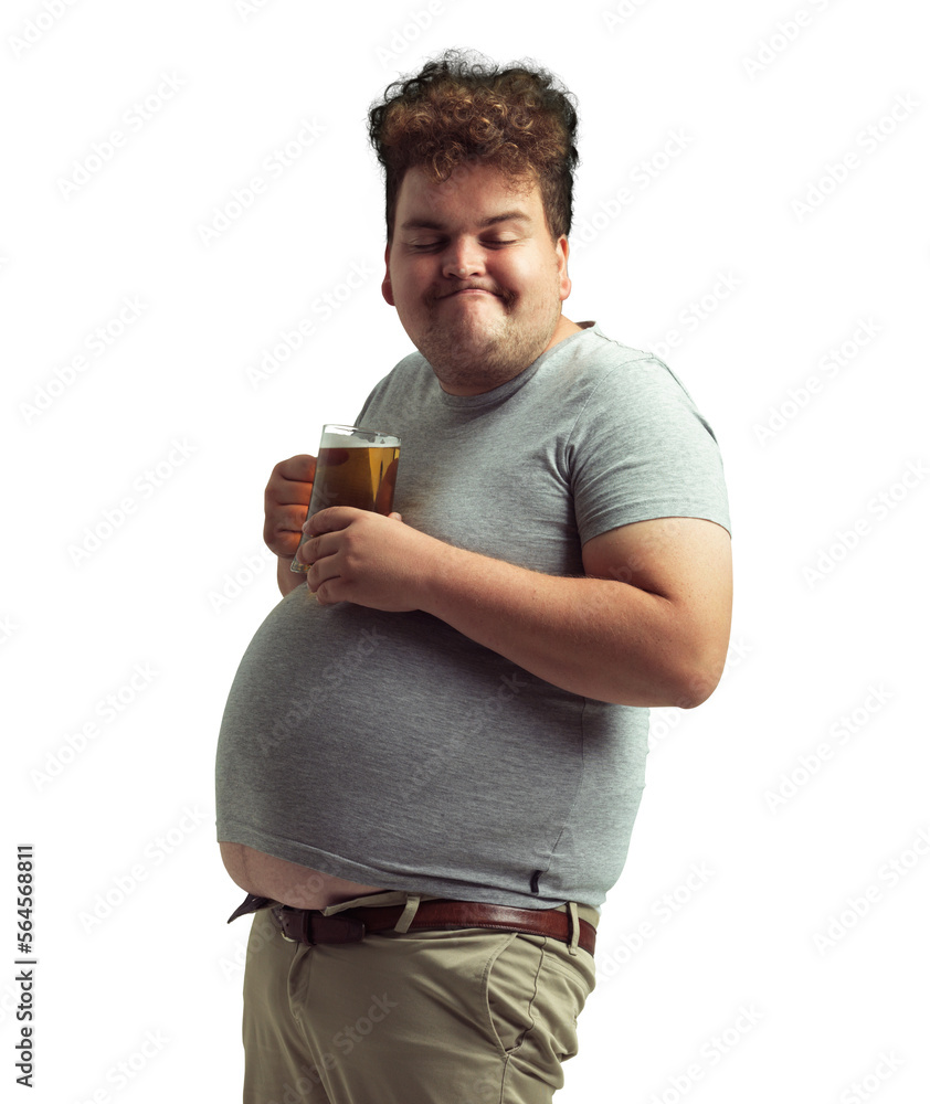An overweight man looking content while balancing his beer on his stomach isolated on a PNG backgrou
