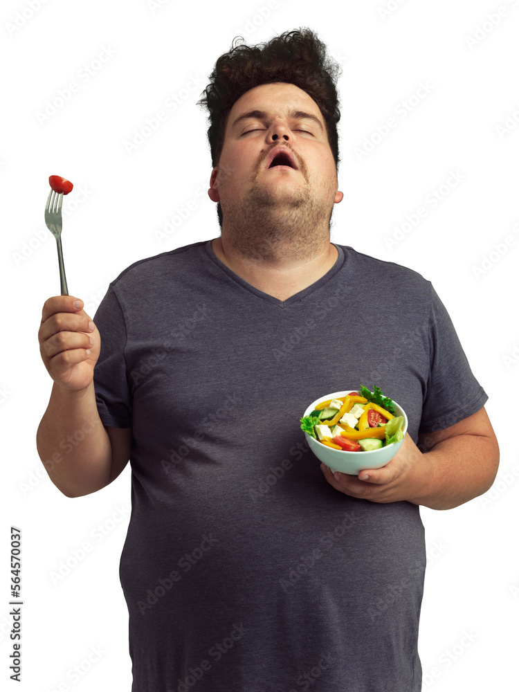An overweight man holding a bowl of salad isolated on a PNG background.