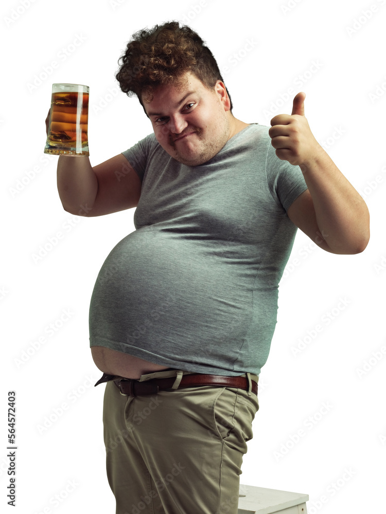 A beer drinking overweight man giving a thumbs up isolated on a PNG background.