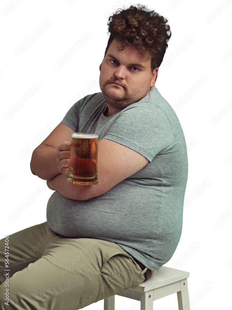 A sad looking overweight man holding a jug of beer isolated on a PNG background.