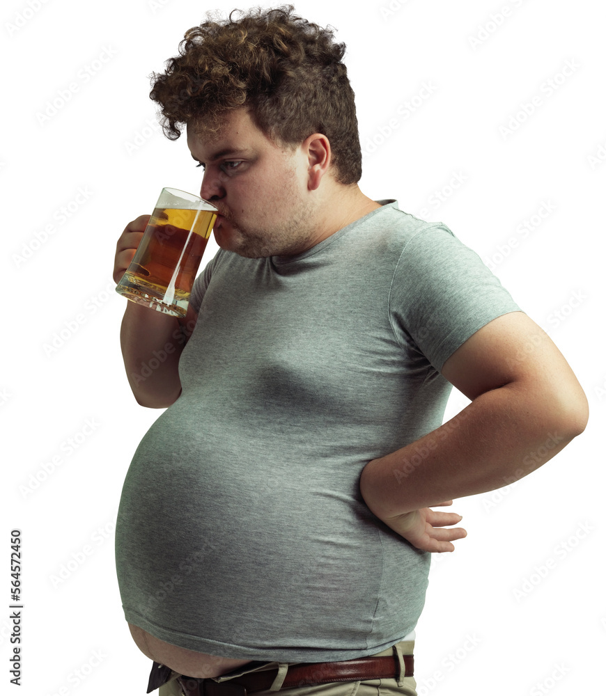 An overweight man taking a sip of beer isolated on a PNG background.