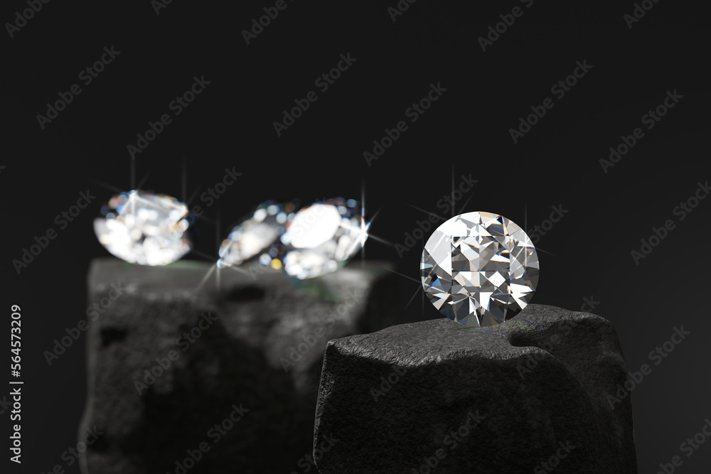 钻石组放置在粗糙的背景上进行三维渲染