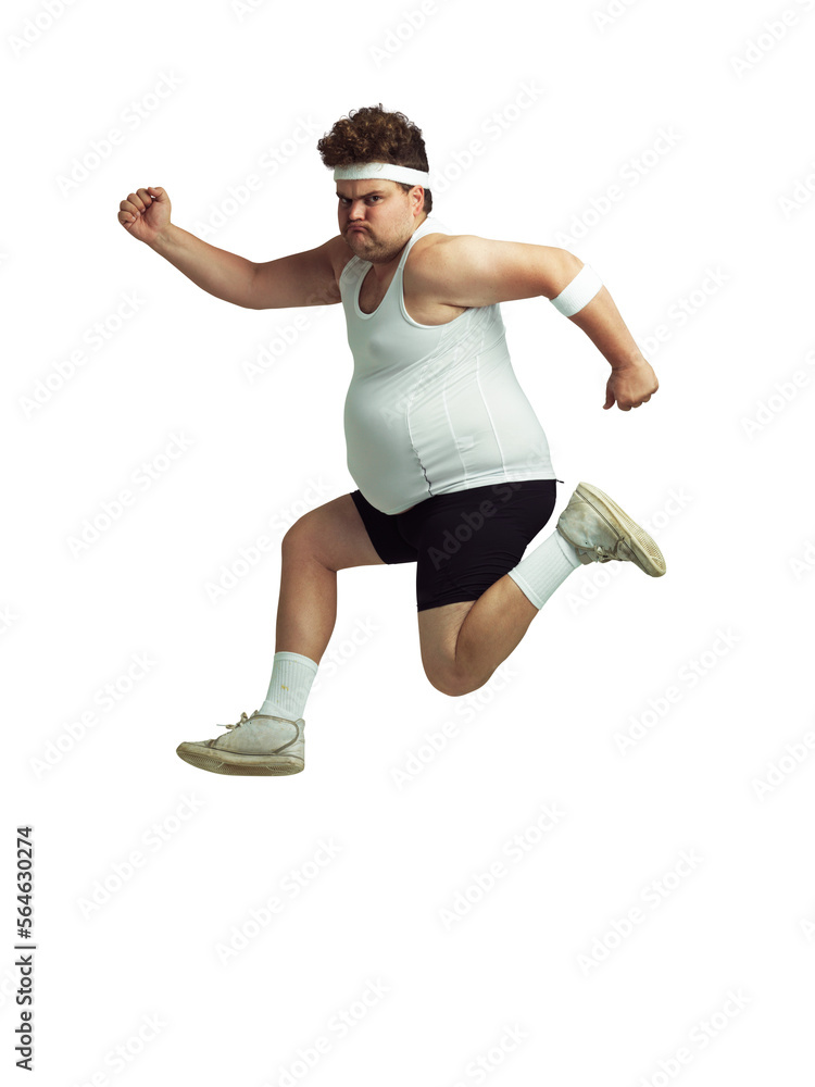 An overweight man leaping in the air with his sense of achievement isolated on a PNG background.