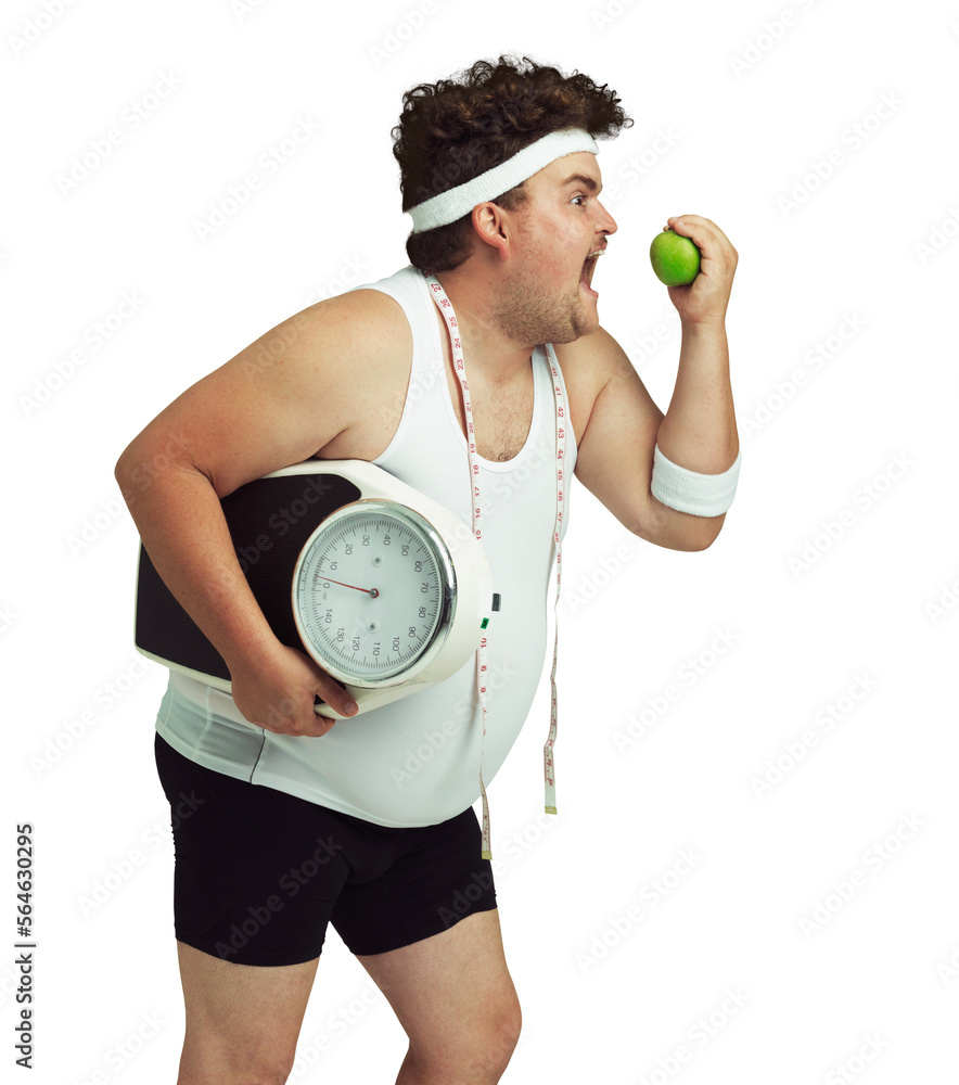 An overweight man holding an apple, scale, and measuring tape isolated on a PNG background.