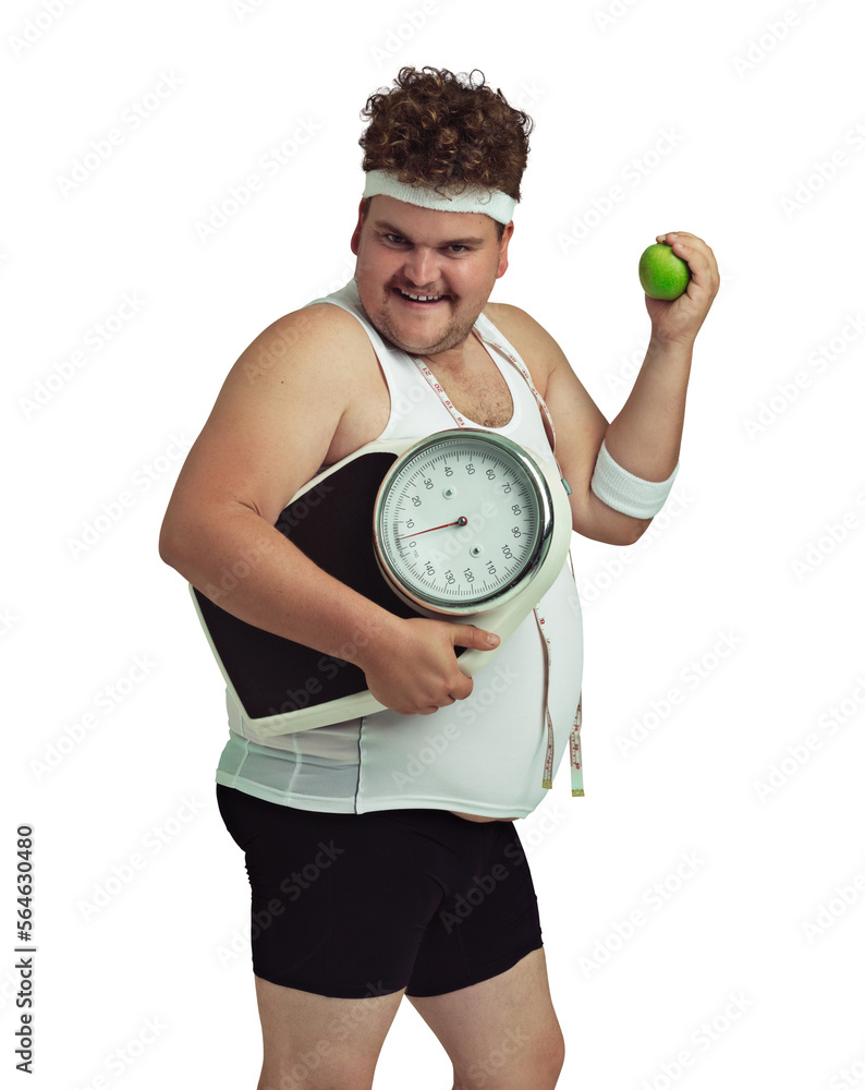 A cropped shot of an overweight man holding an apple, scale, and measuring tape isolated on a PNG ba