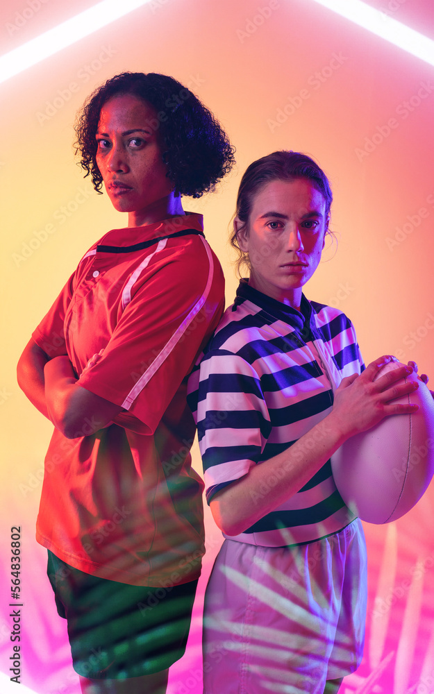 Illuminated lines and plants over multiracial confident female opponents standing back to back