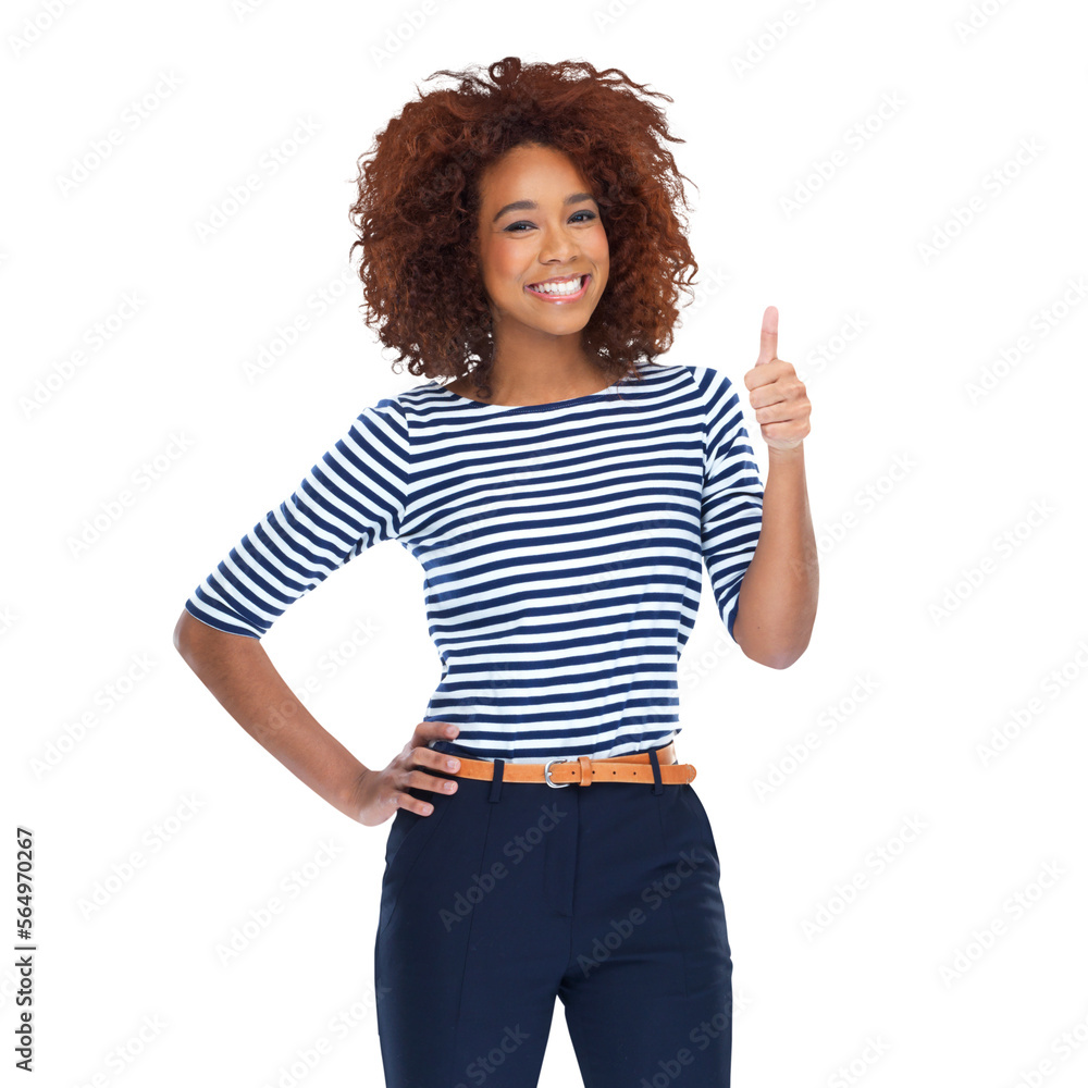 An attractive young african woman standing with her thums up gesture in a copy space isolated on a P